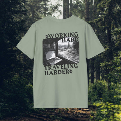 Working Hard, Traveling Harder T-shirt – Digital Nomad Lifestyle | Unisex Remote Work Shirt - Monoku Store